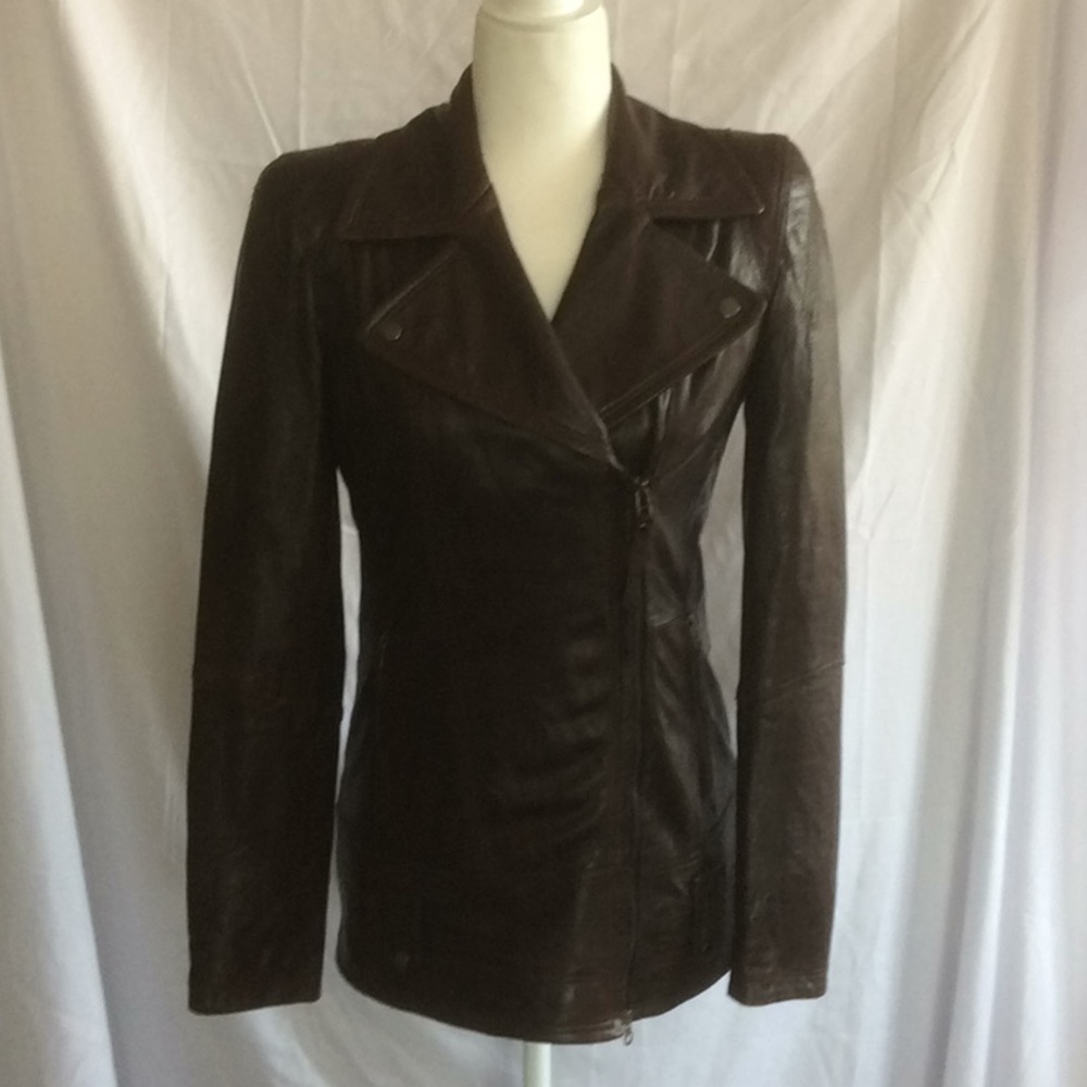 Longline, brown leather motorcycle jacket